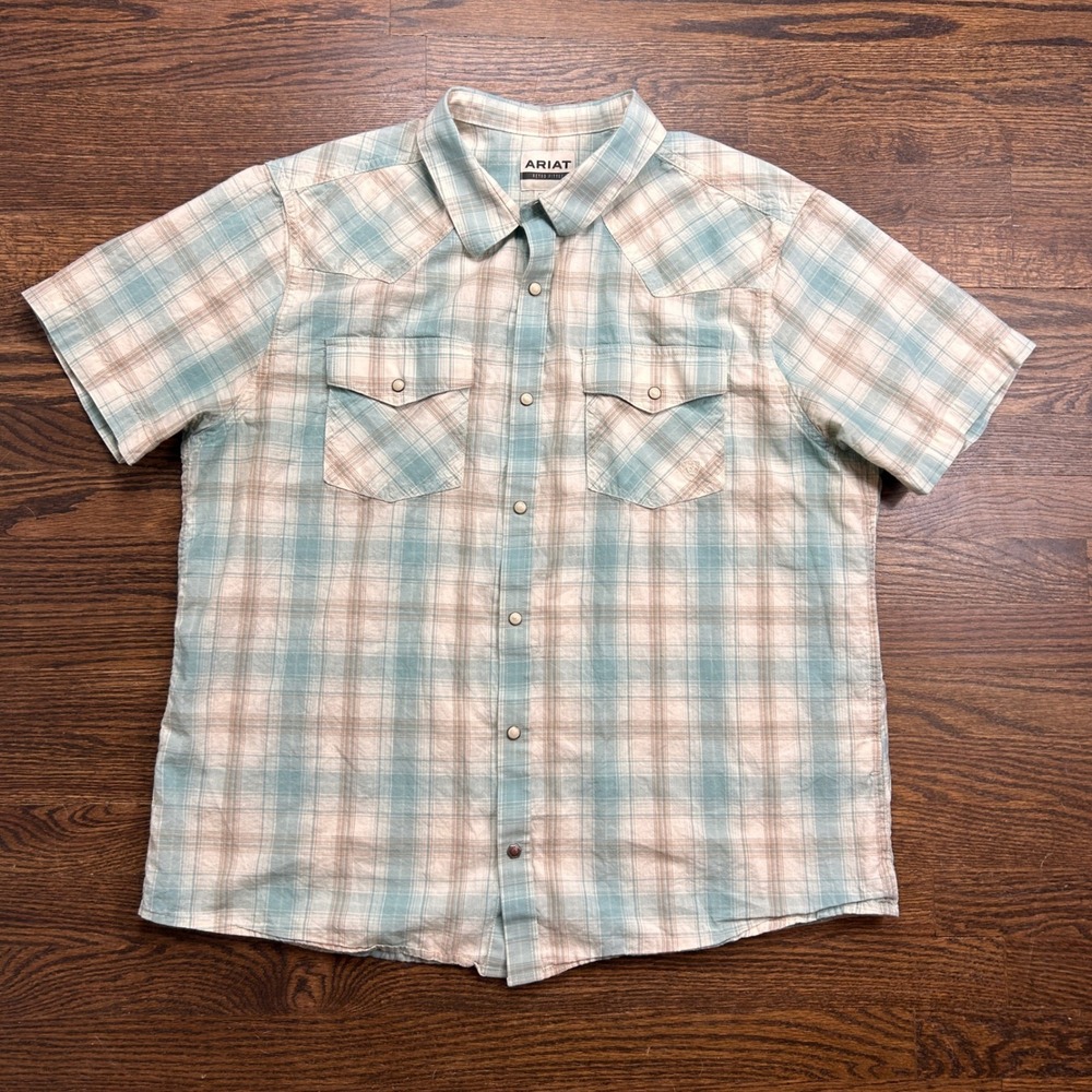 Ariat Retro Fitted Mens XL Western Pearl Snap Shirt Short Sleeve Plaid Teal Tan